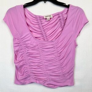 Open Edit Top Womens Size S Pink Ruched Slant Smocked Scoop Neck Cropped length